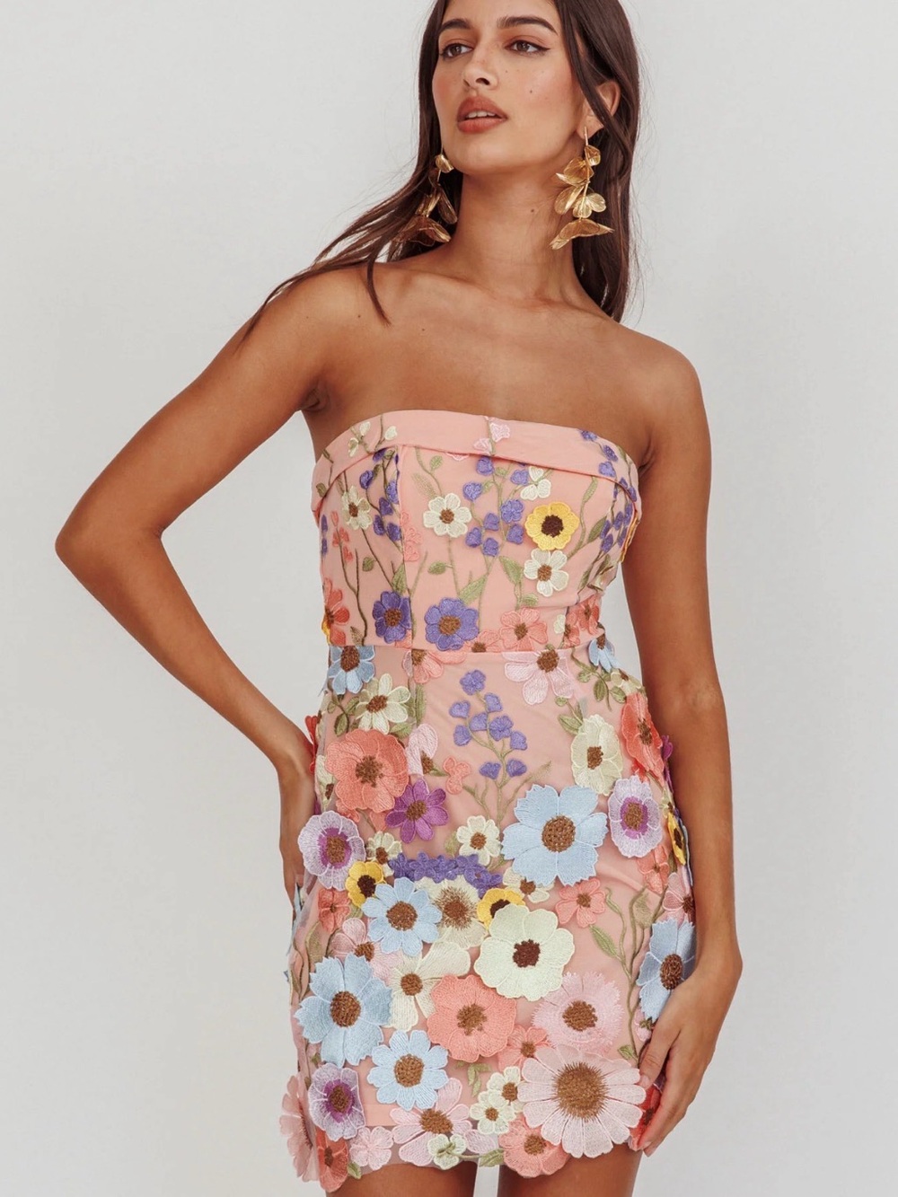 NWT Saige+Paige Strapless Colorful Floral 3D Embroidered Mini Dress